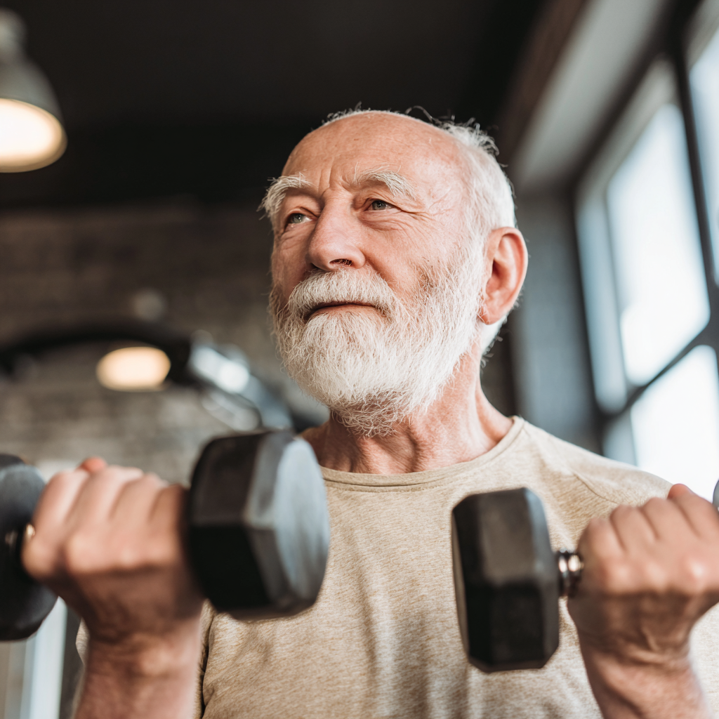 Smiling elderly European woman in athletic wear doing stretching exercises in a modern gym