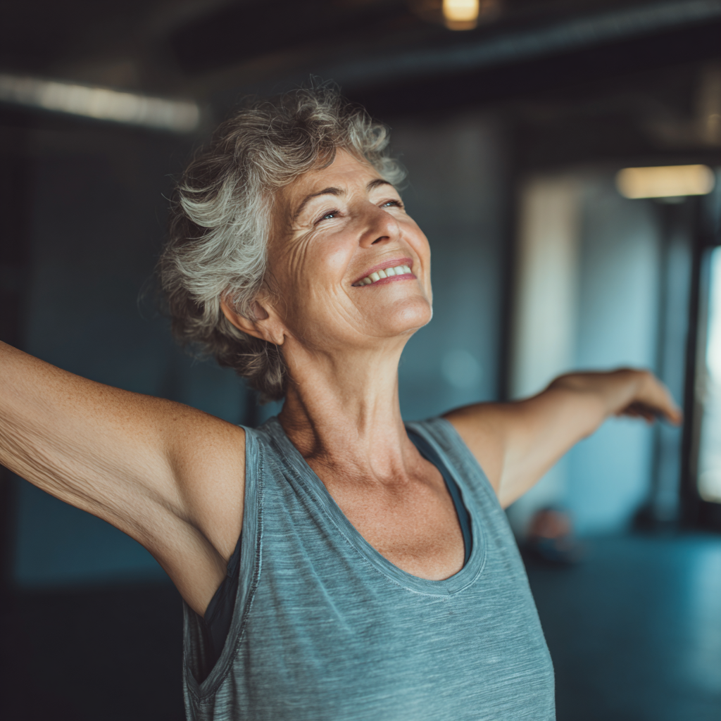 Group of diverse elderly European people exercising together in a bright fitness studio, all smiling and engaged